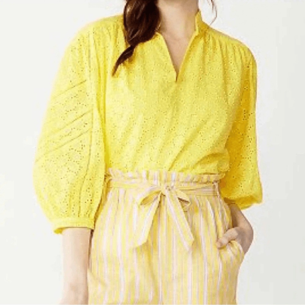 Draper James RSVP Lemon Eyelet Puff Sleeve V-Neck Top M